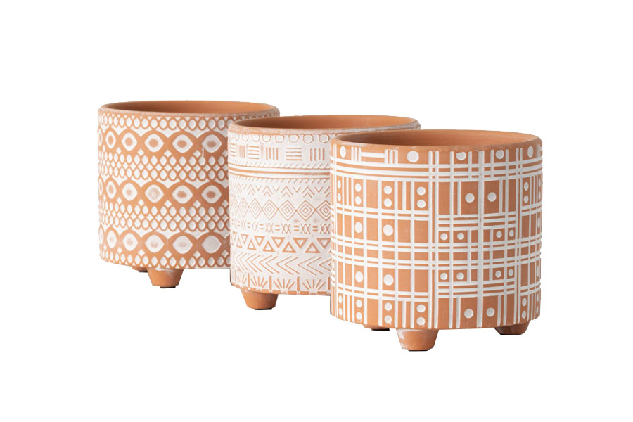 3 Patterned Clay Pots Assorted